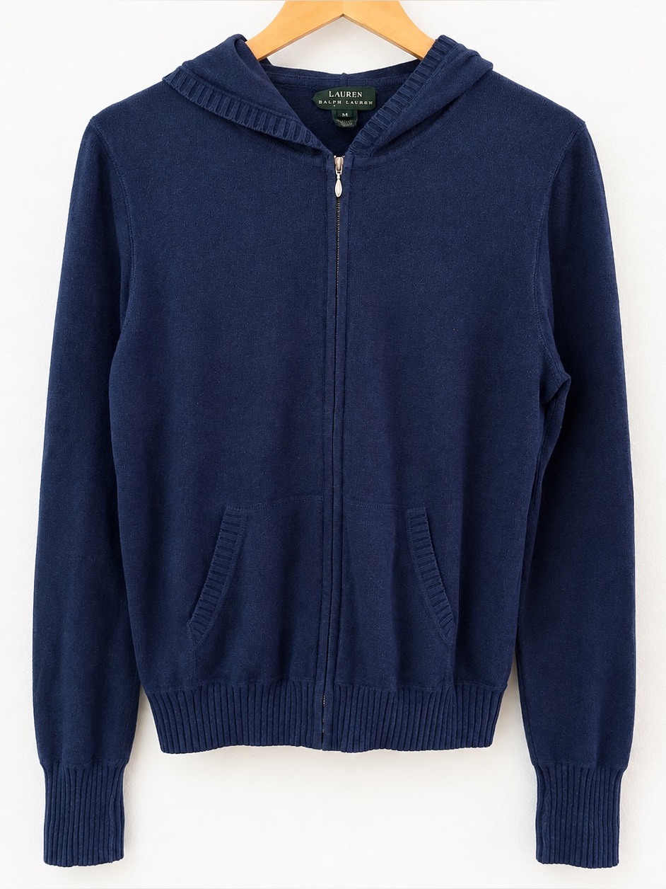 Lauren Ralph Lauren Hooded Zip Cardigan Sweater Navy Blue Cotton Women’s Med